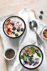 Yogurt breakfast bowls with granola and fruits