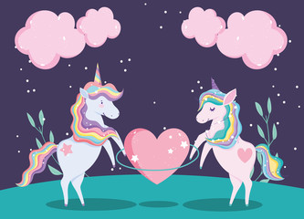 Fototapeta na wymiar cute unicorns with huge heart and clouds foliage nature magic cartoon