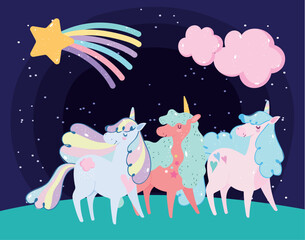 cute little unicorns rainbow hair horn shooting star clouds dream cartoon © Stockgiu