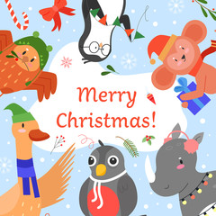 Merry Christmas invitation vector illustration. Cartoon flat cute animals greeting, celebrating Happy Christmas party event together, funny kid xmas celebration card with forest animals background