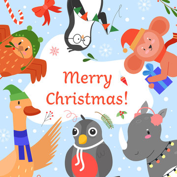 Merry Christmas invitation vector illustration. Cartoon flat cute animals greeting, celebrating Happy Christmas party event together, funny kid xmas celebration card with forest animals background