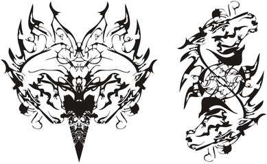 Tribal linear double horse symbols. Flaming ornamental horse heads on a white backdrop for emblems, logos, tattoos, posters, prints on t-shirts, wallpaper, etc. Two options