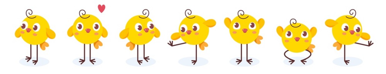 Vector illustration of set of cute yellow chick with shadow in d