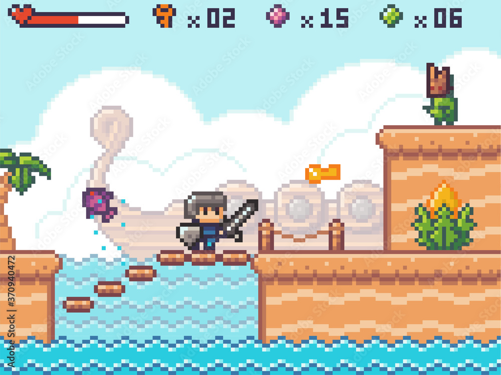 Poster pixel art, character in game arcade play. man with sharp sword and shield fighting against monster a