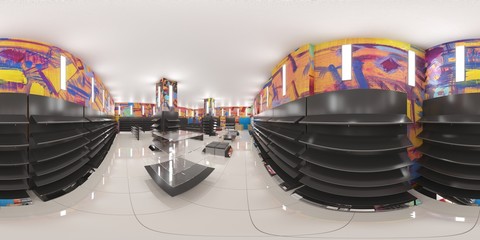 spherical panoramic render of the store, interior visualization, 3D illustration