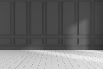 3D render of empty room with wooden floor and classic wall.	
