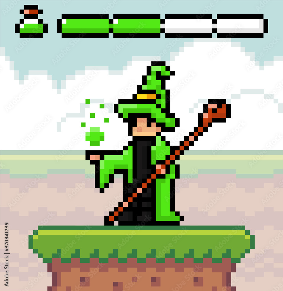 Poster wizard or mage in green mantle and hat with a staff. man conjures, force line with poison. pixel cha