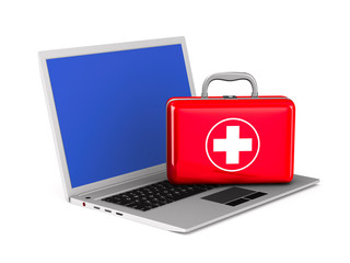 laptop and first aid on white background. Isolated 3D illustration