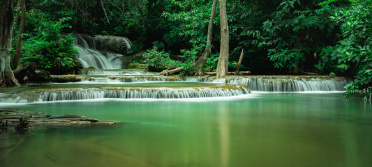 Panoramic Landscape of Huai Mae Khamin Waterfall in National Park, Kanchanaburi, Thailand