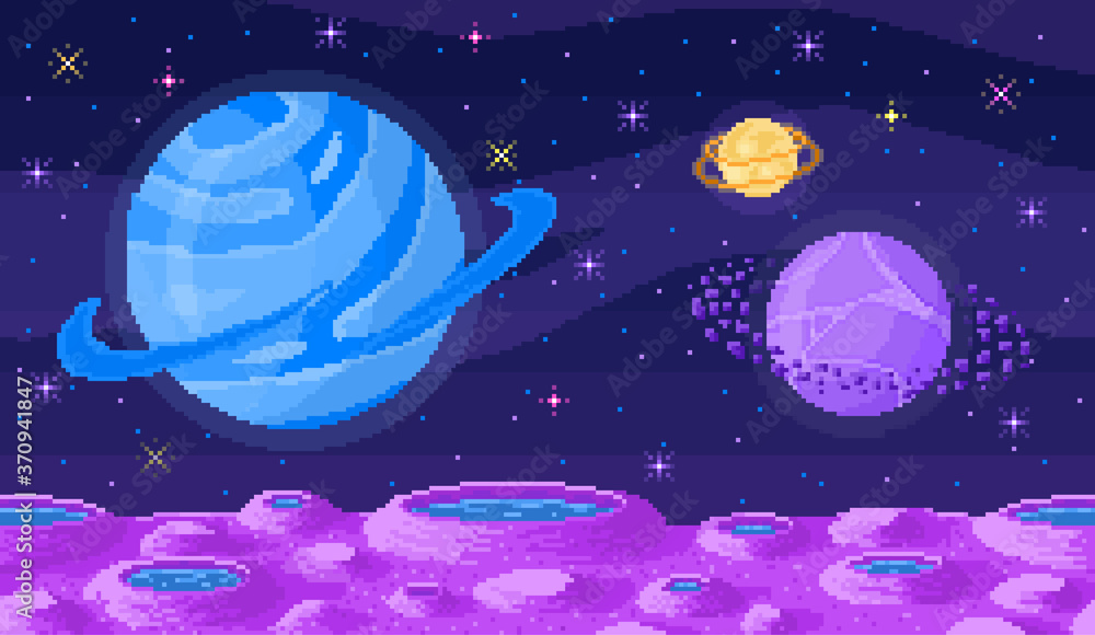 Poster space planet in pixel art. background of space planet. crater landscape with mountains, planet and s