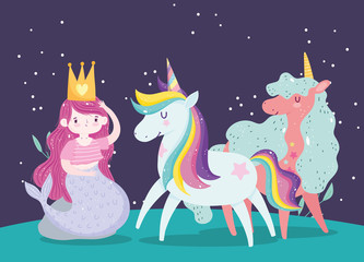 unicorns and mermaid with crown princess magic cartoon