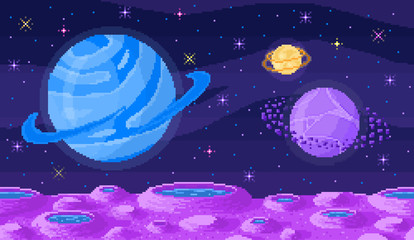 Space planet in pixel art. Background of space planet. Crater landscape with mountains, planet and stars. Pixelated location for game or application. 8 bit video game. Galaxy area with few planets © Dmytro