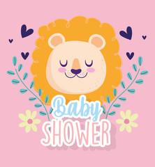 baby shower, cute lion head hearts flowers decoration cartoon, theme invitation card