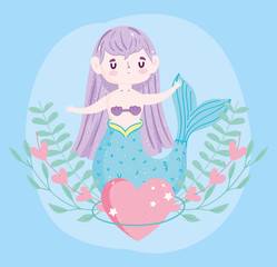 cute little mermaid heart seaweed cartoon blue background