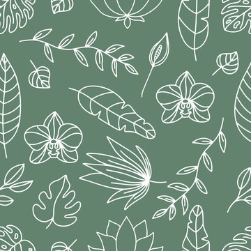 Floral seamless pattern with white outline tropical plants. Hand drawn orchid, lotus, spathiphyllum or peace lily. Monstera leaves on green background.