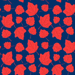 Hand-drawn red leaves on a blue background. Seamless pattern.