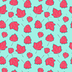 Pink leaves on a blue background. Seamless pattern. Apply in printing on fabric, desktop, paper