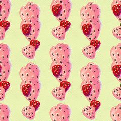 Seamless pattern with ripe strawberry. Hand drawn texture with berries watercolor background