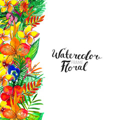 Fototapeta na wymiar Watercolor Background with tropical plants and flowers