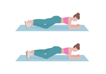 Young woman doing exercises. woman in pink shirt and a blue Long legs. Step by step instruction for doing correct Plank. Sports silhouettes. Fitness and health concepts.