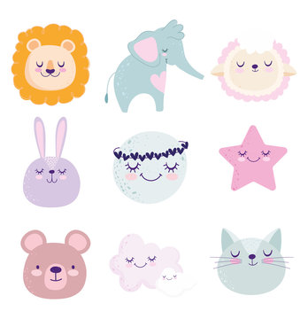 baby shower, cute lion bunny cat bear elephant moon star sheep cartoon icons
