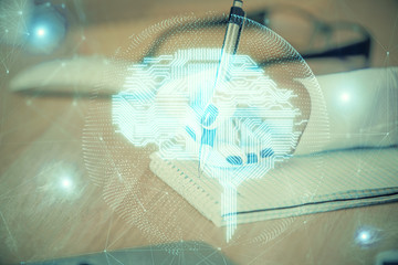 Multi exposure of woman's writing hand on background with brain hologram. Concept of brainstorming.