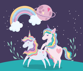 Obraz premium unicorns animal rainbow hair planet on grass cartoon