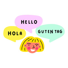 Boy speaking in different languages. Hola, hello, guten tag it's greeting in Spanish, English and German. Multilingual concept. Hand drawn vector illustration on white background. © Igor