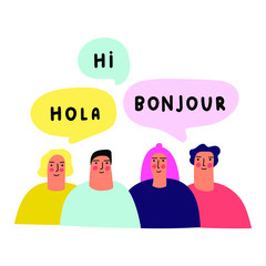 People speaking in different languages. Hola, hi, bonjour -  it's greeting in Spanish, English and French. Bilingual concept. Illustration on white background. © Igor