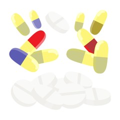 tablets and capsules. color poster isolated on a white background. concept on the topic of medicine.