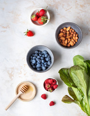 Healthy diet. Useful ingredients. Delicious summer berries. Useful nuts.