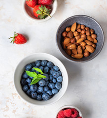 Healthy diet. Useful ingredients. Delicious summer berries. Useful nuts.