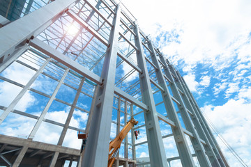 Structure of steel for building construction on sky background.