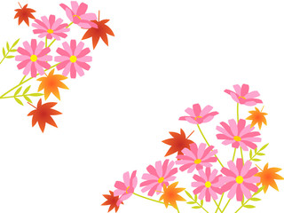 秋の花　コスモスと紅葉の背景フレーム