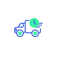 Express Delivery truck icon vector, filled flat sign, fast delivery bicolor pictogram, van and clock green and blue colors. Symbol, logo illustration