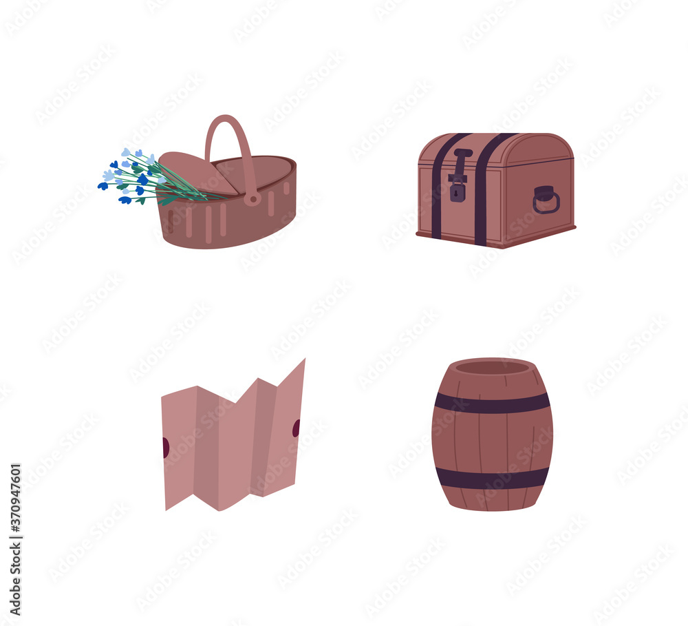 Poster quest attributes flat color vector object set. map to find treasure in chest. basket with flowers. r