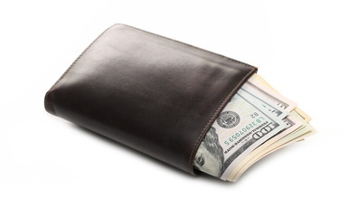 Brown leather wallet with bunch of american dollar bills, banknotes, cash money isolated on white background