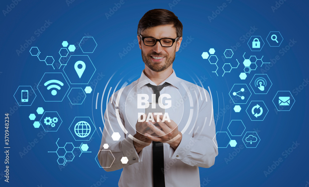 Poster Big data in business technologies concept with office employee using mobile phone and IT icons