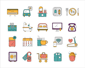Set of vector thin line color icons of hotel services, Modern design elements