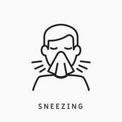 Man cover cough and sneeze with napkin line vector icon illustration designed as pictogram of flu sick or cold symptom. Face safety hygiene sign due coronavirus - medical poster linear logo design V1