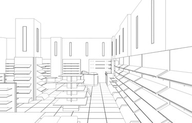shopping mall, contour visualization, 3D illustration, sketch, outline