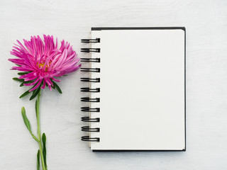Blank notepad page and a beautiful flower. Close-up, view from above, wooden surface. Concept of...