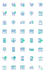 Shopping and e-commerce vector icons set, modern solid bicolor symbol collection, filled style pictogram pack. Signs, logo illustration. Set includes icons as parcel delivery service, one click buy