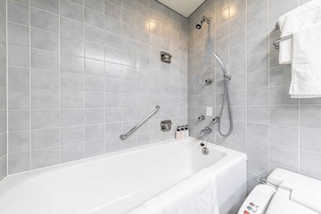 Small bathtub and shower in the bathroom at the hotel