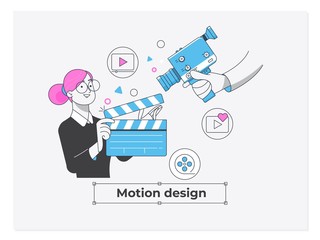 Business Concept Motion Design Studio. Teamwork of Clerks, Designer, Editor.Vector illustration