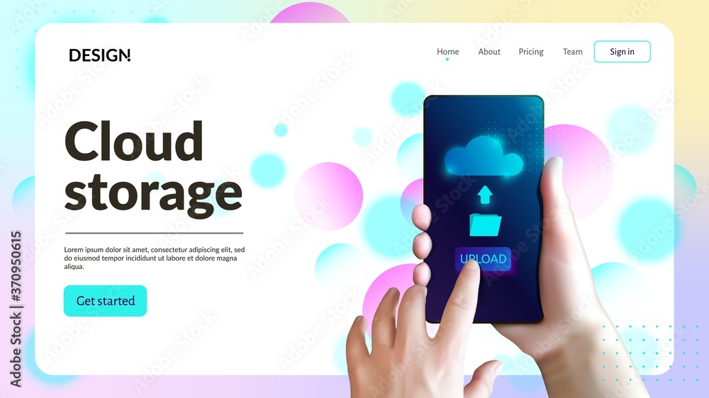 Poster cloud storage web site template. landing page header. hand holding smartphone and sends files to clo