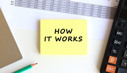 The inscription on the yellow sticky notes near to the laptop and calculator on the white office desk. Business concept.