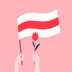 Flat illustration of two hands, one hand holding Belarus opposition white-red-white flag and another holding a red flower. Freedom for Belarus