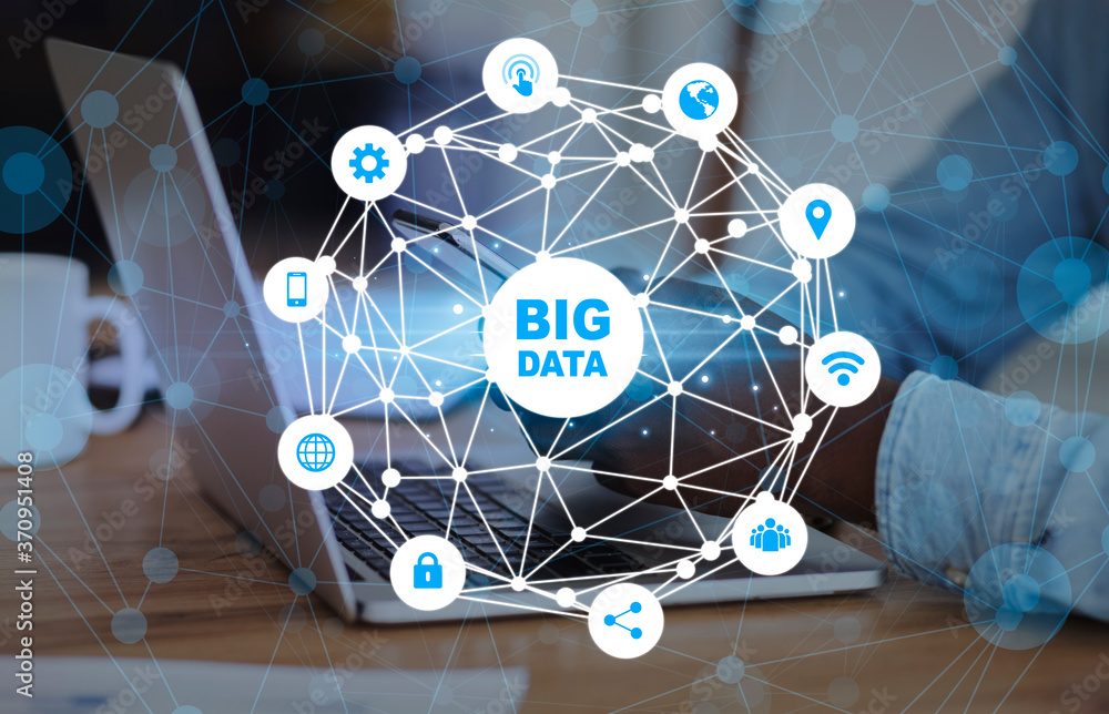 Poster Big data analytics and business intelligence concept with businessman using laptop and mobile phone at office