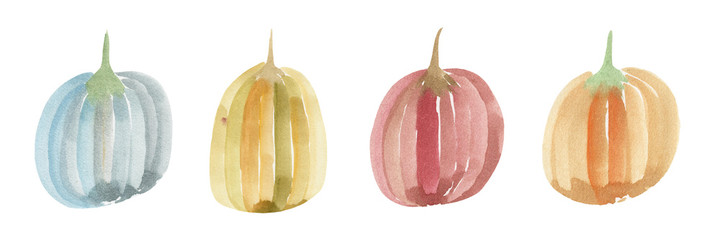 Set of watercolor multicolored pumpkins. Blue, yellow, red, orange pumpkin. Elements of nature, halloween, holiday. Autumn harvest.